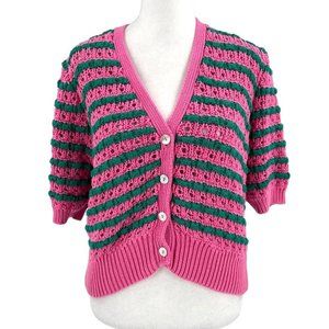 Zara Striped Cropped Chunky Knit Cardigan Sweater Pink Green size Large